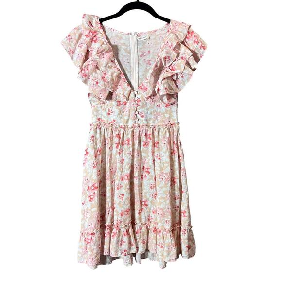 Storia Boutique Pink Coral Floral Ruffle Mini Dress Small Spring Summer Vacation - Picture 1 of 8